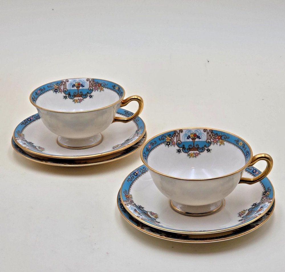 Vintage Lenox Fountain Tea Cup Saucer Bread Plate Trio Set 2 Fine China Art Deco